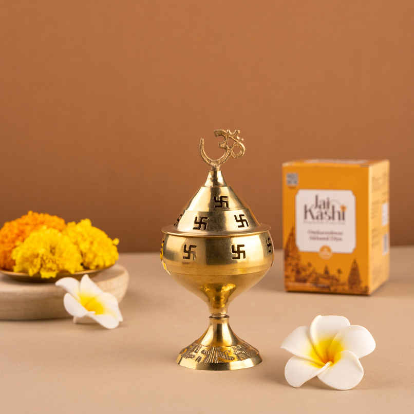 Omkareshwar Akhand Diya (12 cm) | Gold | Religious | Brass | Jai Kashi