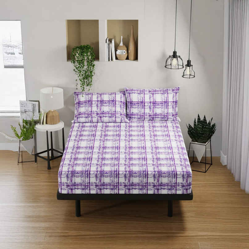 Bianca 100% Pure Cotton Double Bedsheet With 2 Pillow Covers | Set of 3 | Platinum Checks | Violet