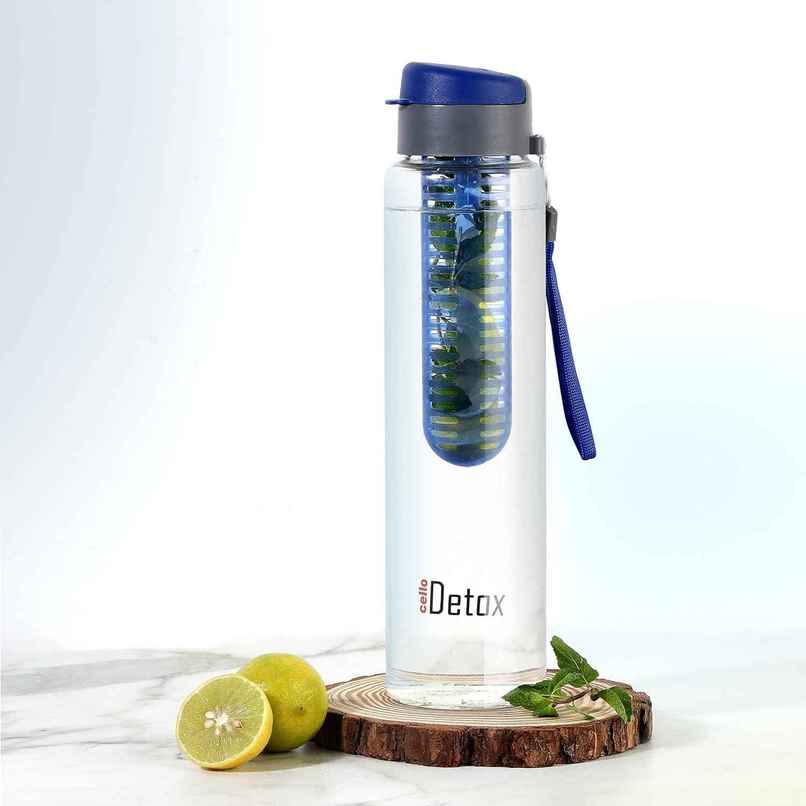 Cello Fruit Infuser Glass Water Bottle 750ml, Blue | Wide Sealed Flip-Top Cap, Leak-Proof, Durable