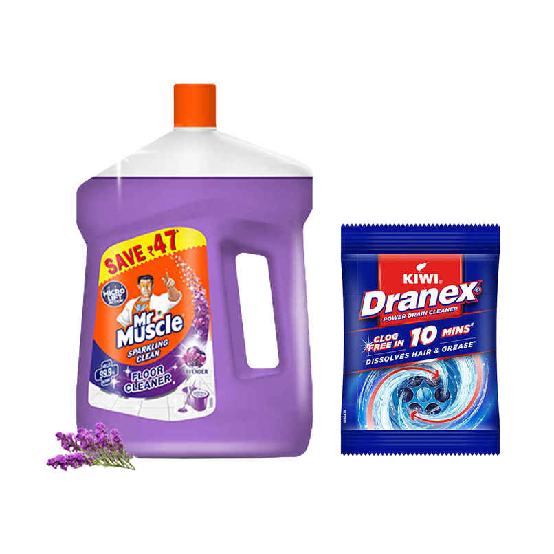 Mr. Muscle Kiwi Dranex Drain Cleaner Powder | Removes Clogs, Blockages In Just 30 Minutes (50g) & Mr. Muscle Lavender Floor Cleaner (2L) Combo Mr. Muscle Kiwi Dranex Drain Cleaner Powder | Removes Clogs, Blockages In Just 30 Minutes (50g) & Mr. Muscle Lavender Floor Cleaner (2L) Combo