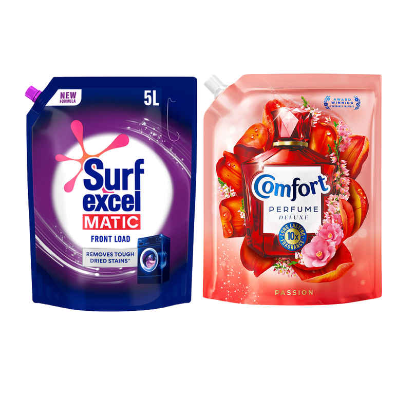 Surf Excel Matic Front Load Detergent Liquid | Pouch (5L) & Comfort Perfume Deluxe Passion (1.8L) Combo
