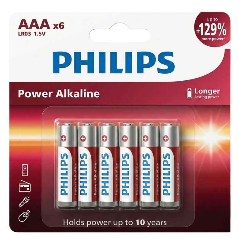 Philips LR03P6B/94 Power Alkaline AAA Battery | 1.5V | Long Lasting | Leak Resistant 1.0 Piece