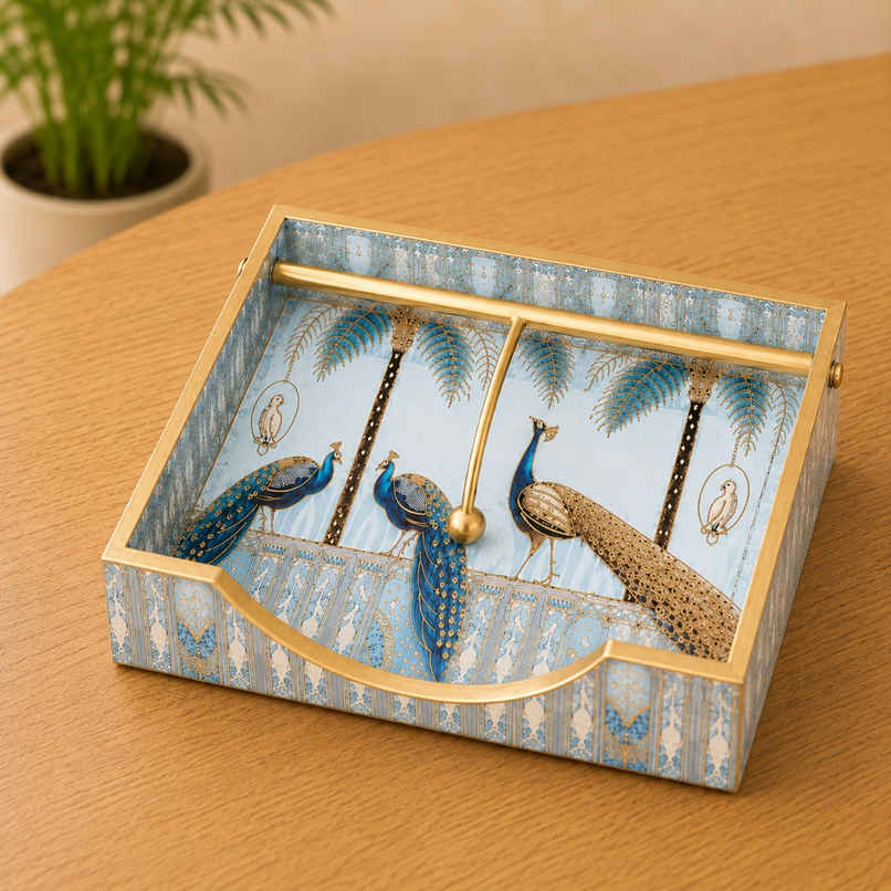 ExclusiveLane Peacock Courtyard Wooden Napkin Holder | 19 cm