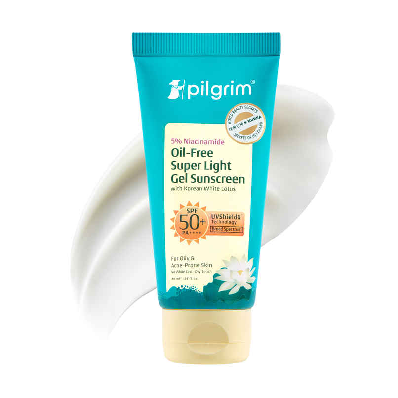 Pilgrim 5% Niacinamide Oil-Free Super Light Gel Sunscreen SPF 50+ PA++++ With Korean White Lotus Pilgrim 5% Niacinamide Oil-Free Super Light Gel Sunscreen SPF 50+ PA++++ With Korean White Lotus