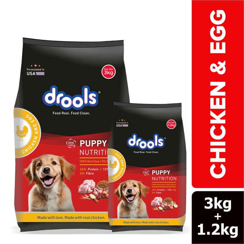 Drools Chicken and Egg Puppy Dog Food, 3kg with Free 1.2kg Drools Chicken and Egg Puppy Dog Food, 3kg with Free 1.2kg