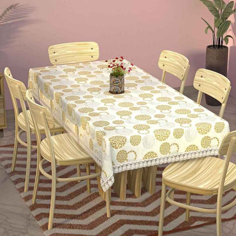 Kuber Industries Rangoli Printed PVC 6 Seater Dining Table Cover | 60"x90" (Cream)
