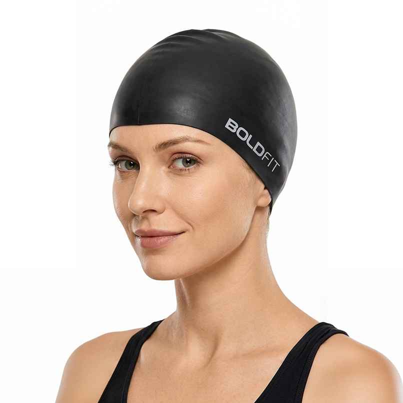 Boldfit Silicone Swimming Cap for Unisex Swim Cap for Kids & Adults Easy Fit - Black