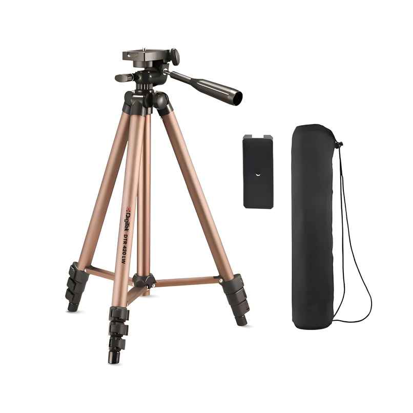 DTR 420LW Aluminium Tripod Stand | 4.26 ft Height | For Smartphones & DSLRs | 3 kg Load | 3 Way Head, Quick Release, Stable Stand, Phone Holder DTR 420LW Aluminium Tripod Stand | 4.26 ft Height | For Smartphones & DSLRs | 3 kg Load | 3 Way Head, Quick Release, Stable Stand, Phone Holder