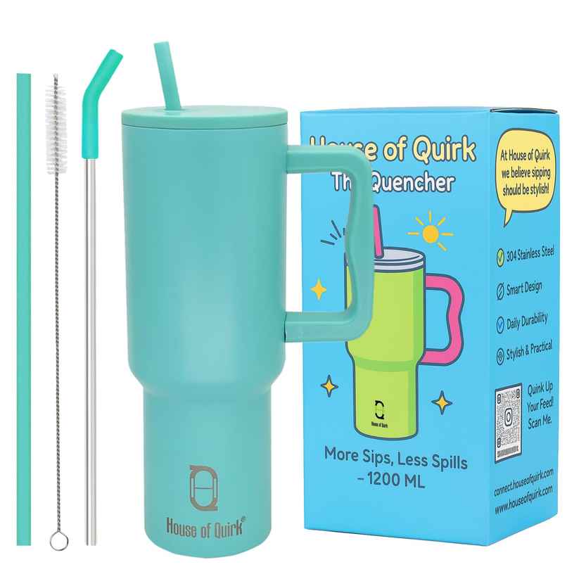 House of Quirk Stainless Steel Tumbler with Handle & Lid, 2 Straws | Terquise - 1200 ml