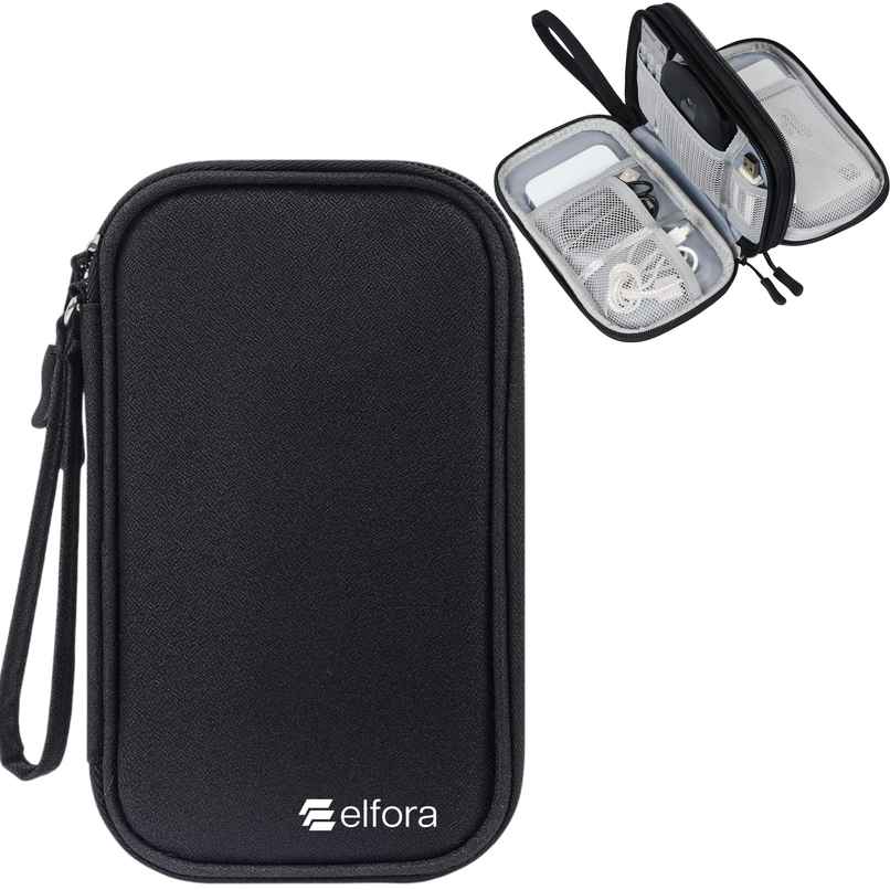 Elfora Big Cable Organizer Bag Double Layer Travel Storage | Black - 27 x 16 cm