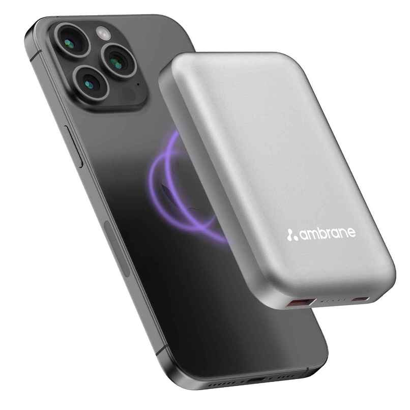 Ambrane 10000 mAh Magsafe Fast Wireless Charging Power Bank for Qi Enabled Devices (Snap, Silver)