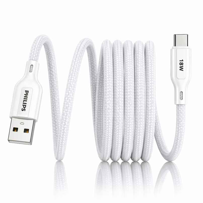 Philips 18W USB A to Type C Fast Charging Cable | DLC4130AW94 | Bright White | 1 m Philips 18W USB A to Type C Fast Charging Cable | DLC4130AW94 | Bright White | 1 m