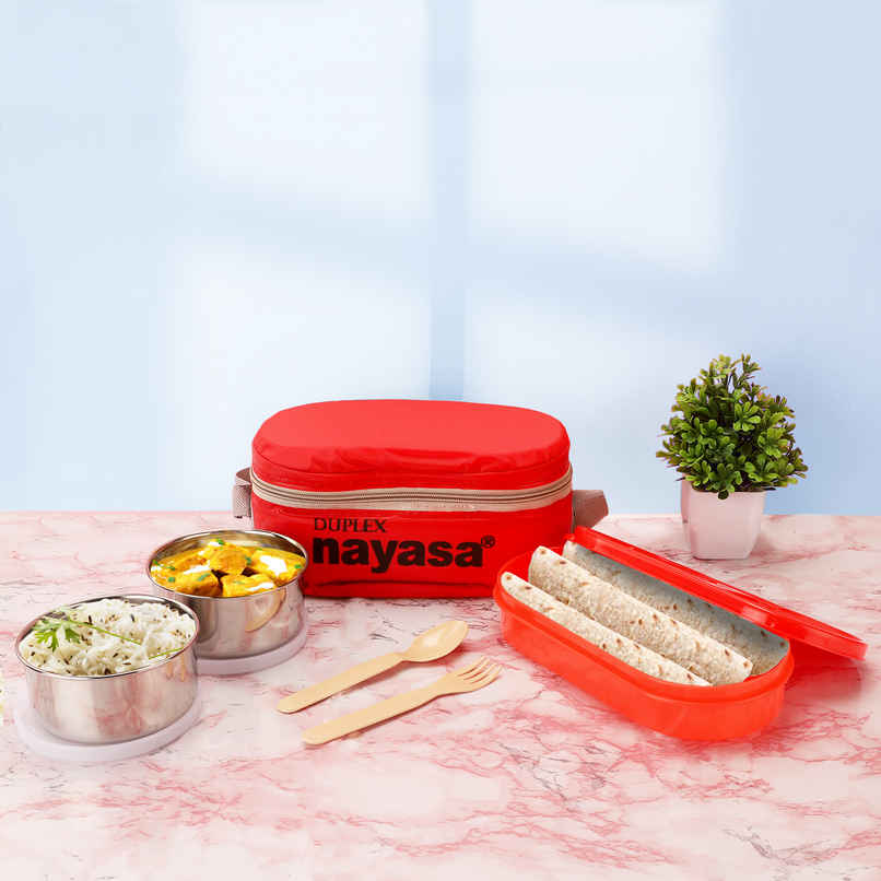 Nayasa Duplex Deluxe Stainless Steel Lunch Box Tiffin with Insulated Bag | Red Nayasa Duplex Deluxe Stainless Steel Lunch Box Tiffin with Insulated Bag | Red