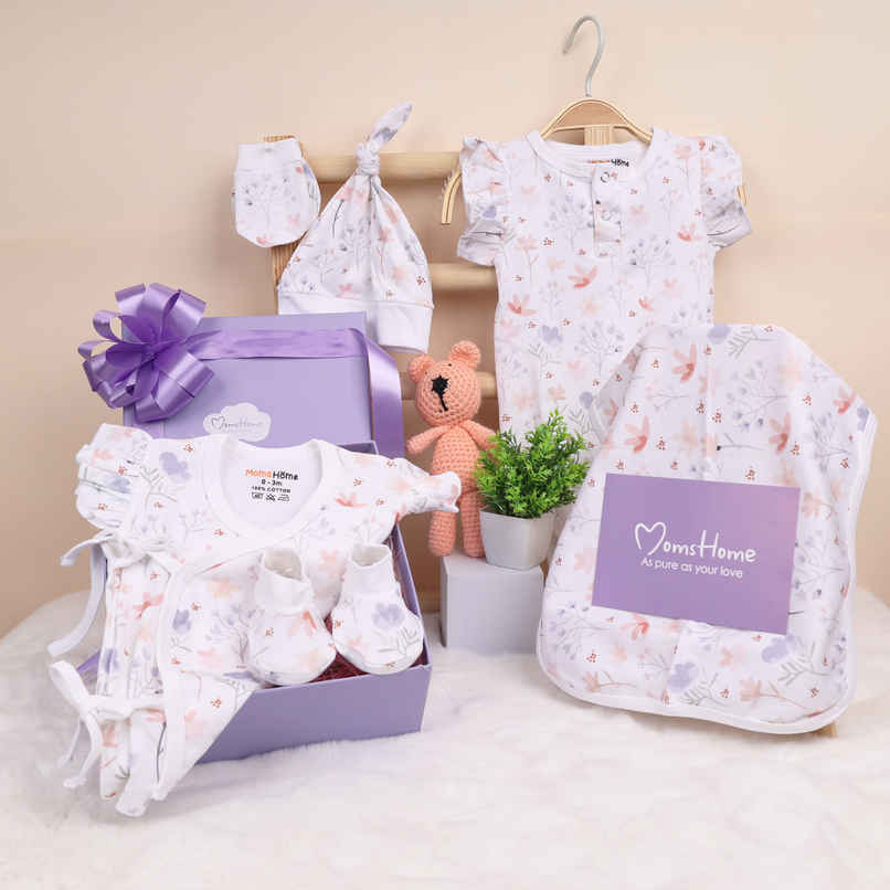 Moms Home Organic Cotton New Born Baby Girl Gift Set | 6 Items | Blossom