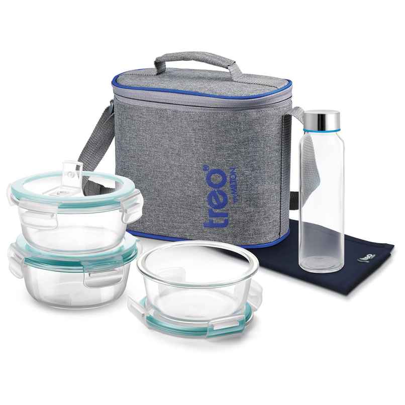 Treo By Milton All Fresh Premier Glass Box 5Pc (3 Round Containers, 1 Bottle, Dinning Mat) With Bag
