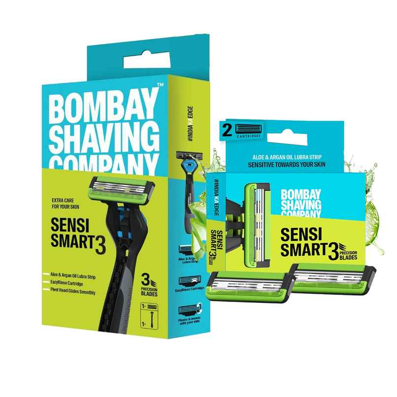 Bombay Shaving Company Sensi Smart 3 Razor | Shaving Razor For Men | Aloe Gel And Argan Oil Lubra Strip (1pc) & Cartridge For Bombay Shaving Company Sensi Smart 3 Razor| Curved Blades Ensure Precise, Safe, And Smooth Shaves (2pc) Combo
