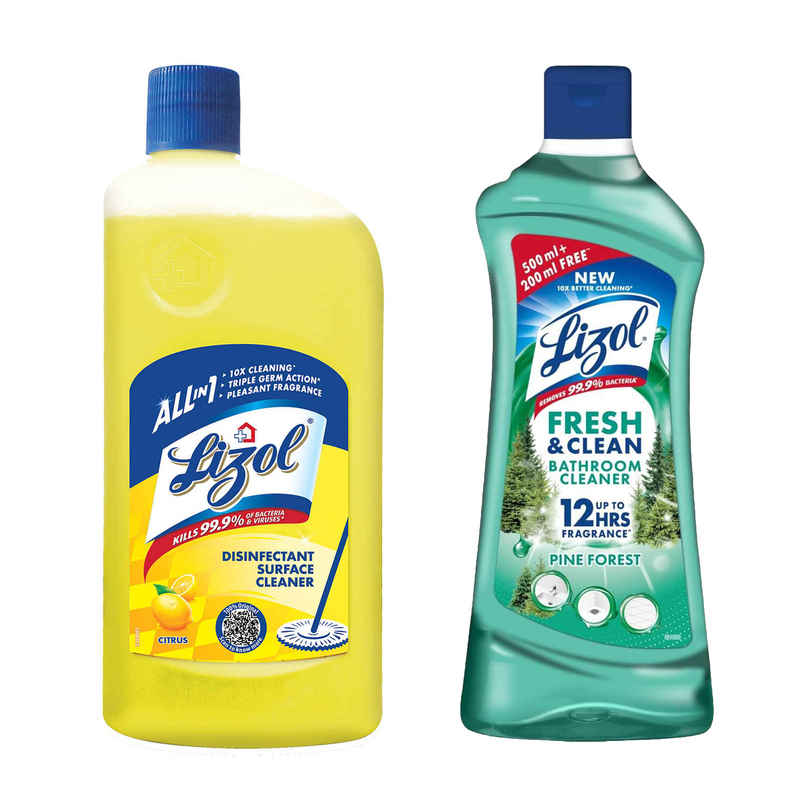 Lizol Citrus Floor Cleaner Liquid (1L) & Lizol Bathroom Cleaner Liquid | Pine (700ml) Combo