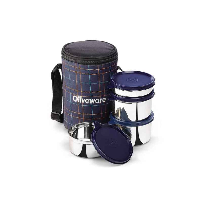 Oliveware Mega Lunch Box, 4 Stainless Steels- Blue Oliveware Mega Lunch Box, 4 Stainless Steels- Blue