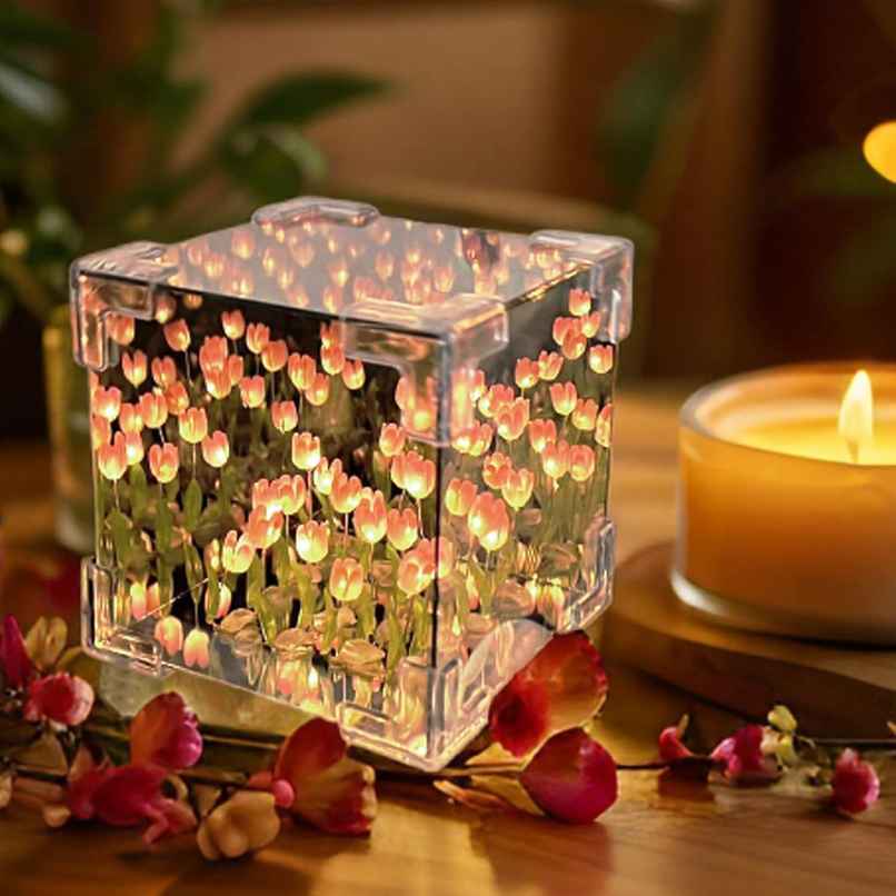 Desidiya Diy Tulip Cube Mirror Lamp Led Flower Lights, 2-In-1 Mirror & Table Decor - 1 pc