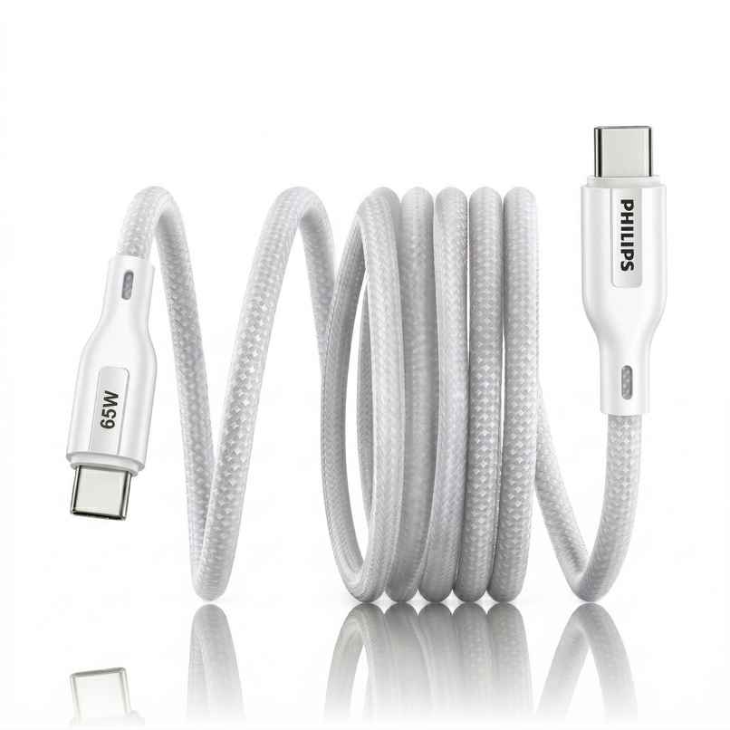 Philips 65W USB Type-C to Type-C Fast Charging Cable | Nylon Braided | 1m | Bright White