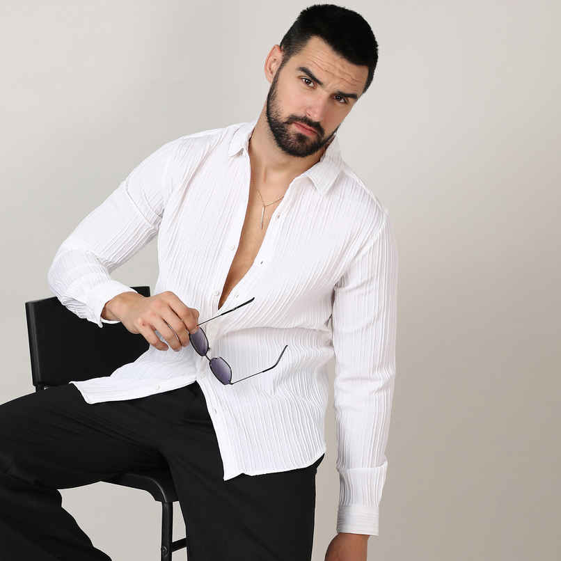 Campus Sutra Men's Self - Design Striped Shirt | White - XL