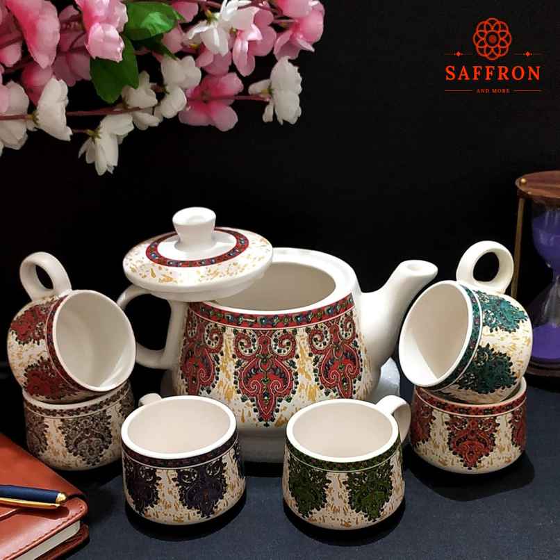 Saffron Royal Bloom Printed Ceramic Tea Kettle Milk Pot & Cup Set Saffron Royal Bloom Printed Ceramic Tea Kettle Milk Pot & Cup Set