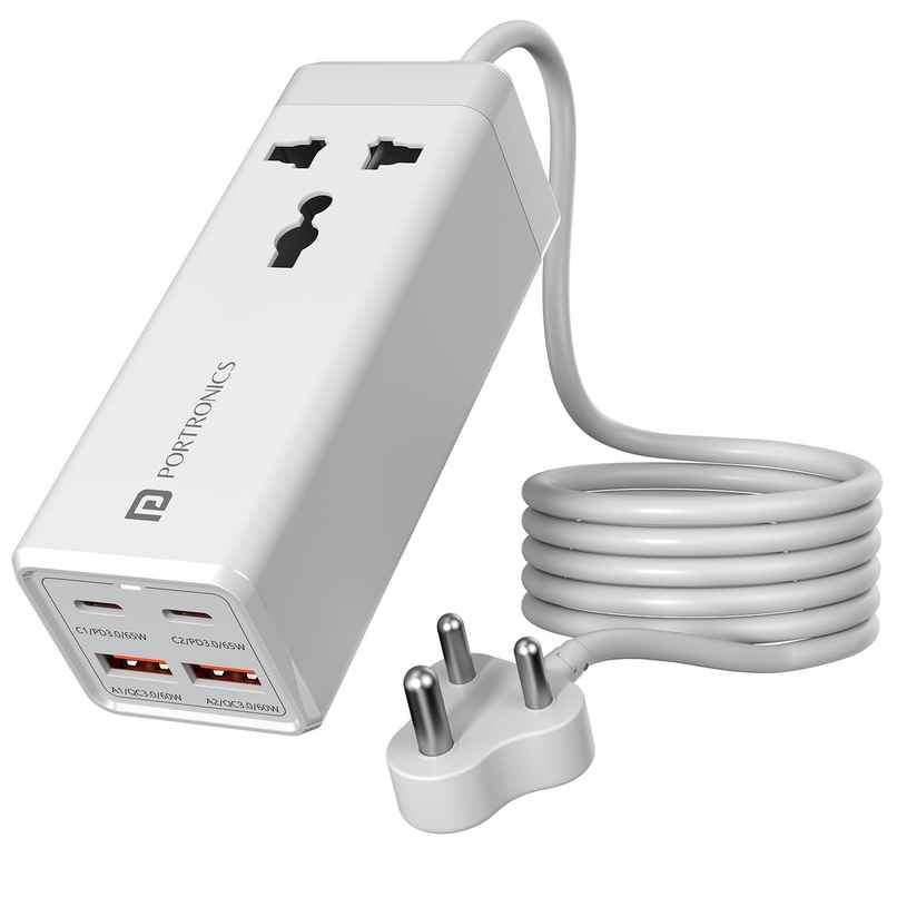 Portronics Adapto Volt 65 65W High speed 5-in-1 Power Strip with 2 Type C PD Ports(White)