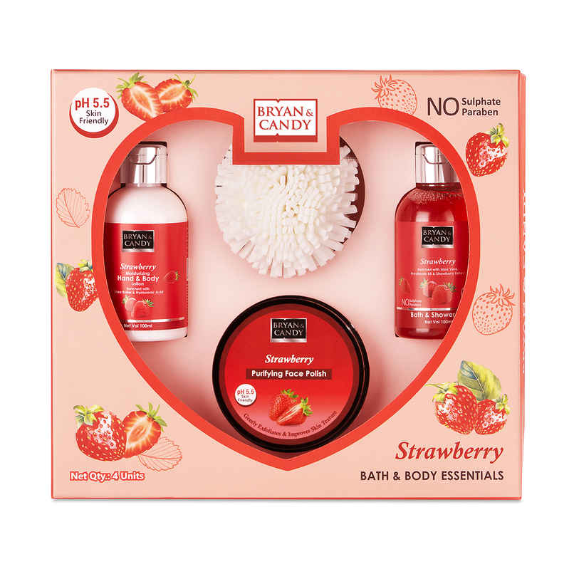 Bryan & Candy Strawberry Heart Kit Combo|Shower Gel|Hand-Body Lotion|Body Polish|Loofah|Pack Of 3