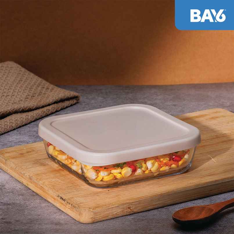 BAY6 Premium Imported Borosilicate Glass Container with Lid - 610 ml - Beige BAY6 Premium Imported Borosilicate Glass Container with Lid - 610 ml - Beige