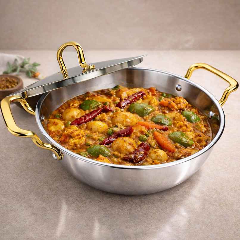 Solara MontClaire Triply Stainless Steel Kadhai with Golden Handle | 22 cm | 2.3 L Solara MontClaire Triply Stainless Steel Kadhai with Golden Handle | 22 cm | 2.3 L