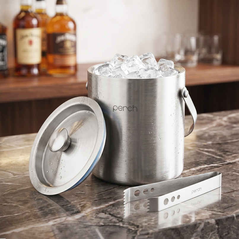 Perch Ice Bucket | Double Wall Steel with Lid Tongs | 1.5 L | Silver Perch Ice Bucket | Double Wall Steel with Lid Tongs | 1.5 L | Silver