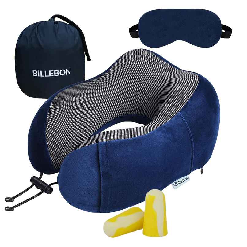 Billebon Unisex Memory Foam Neck Pillow with Eye Mask | Navy Blue - One Size