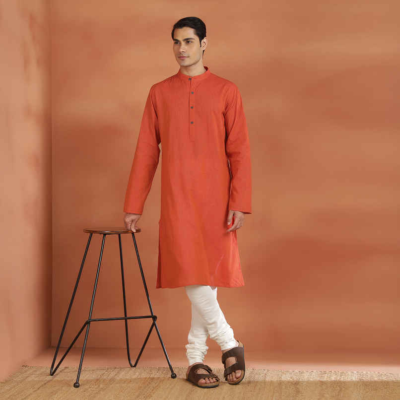 Fabindia Men's Cotton Slim Fit Long Kurta | Orange - XL Fabindia Men's Cotton Slim Fit Long Kurta | Orange - XL