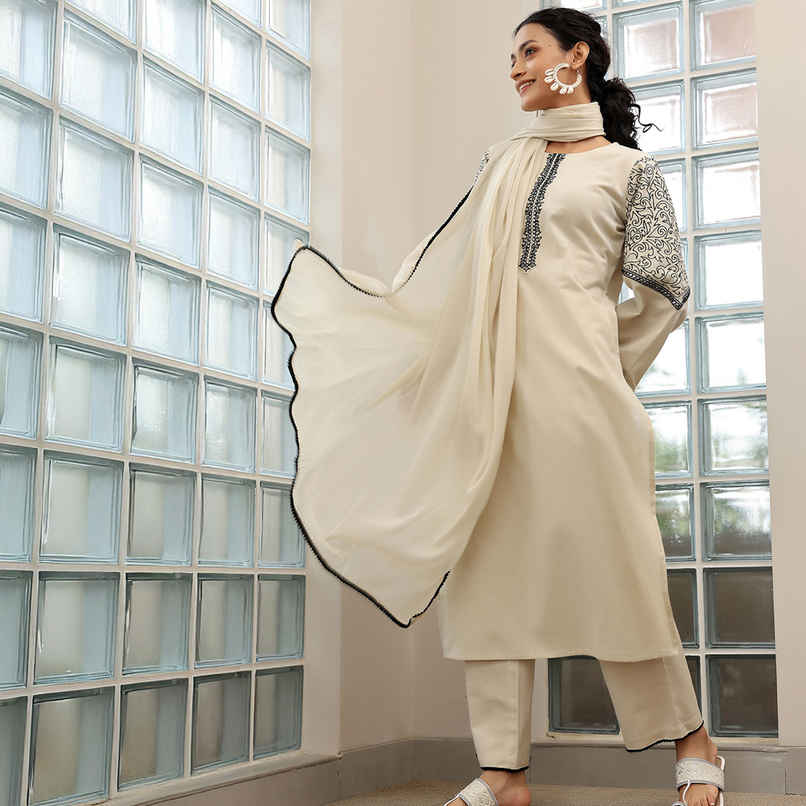 Libas Solid Cotton Blend Straight Suit With Dupatta | 27640H | Beige - M