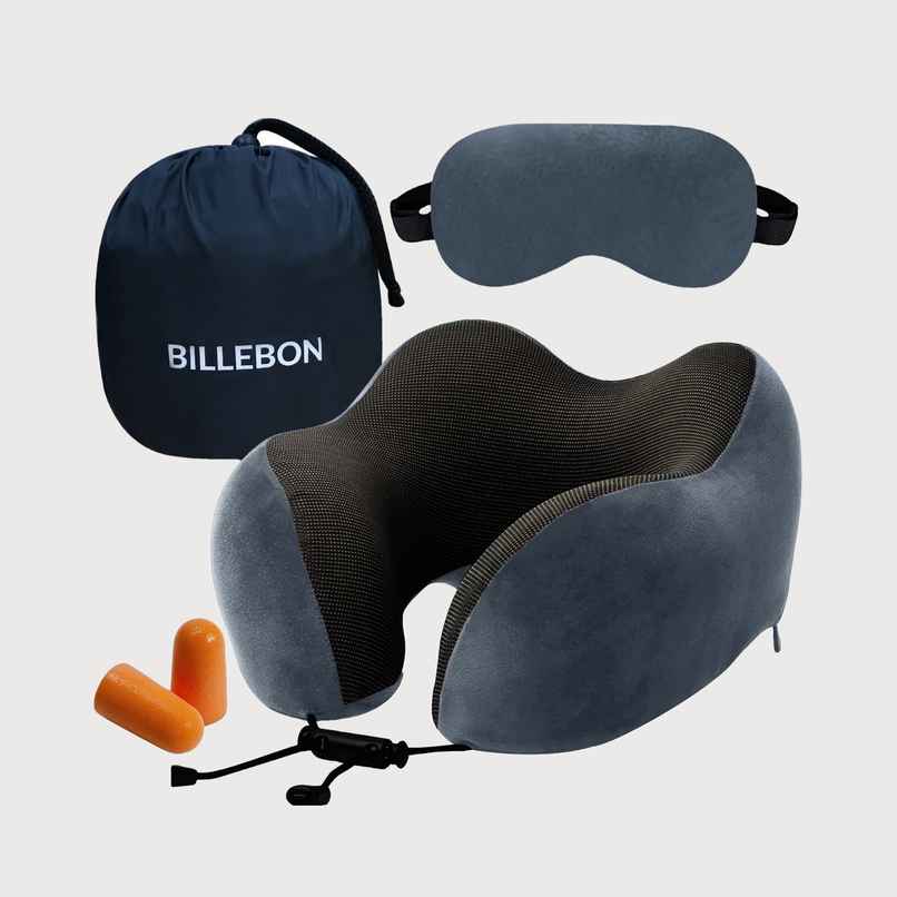 Billebon Memory Foam Neck Pillow with Eye Mask And Travel Pouch| Multi Contour Shape | Grey