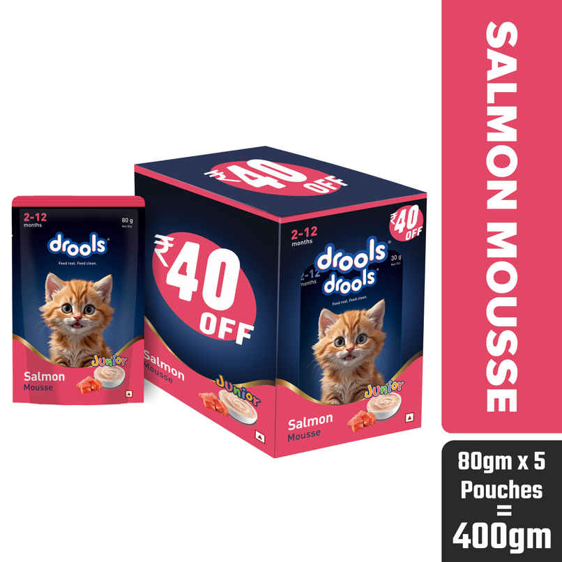 Drools Salmon Mousse Kitten Wet Cat Food, 80g (4+1 Pack Free) Drools Salmon Mousse Kitten Wet Cat Food, 80g (4+1 Pack Free)