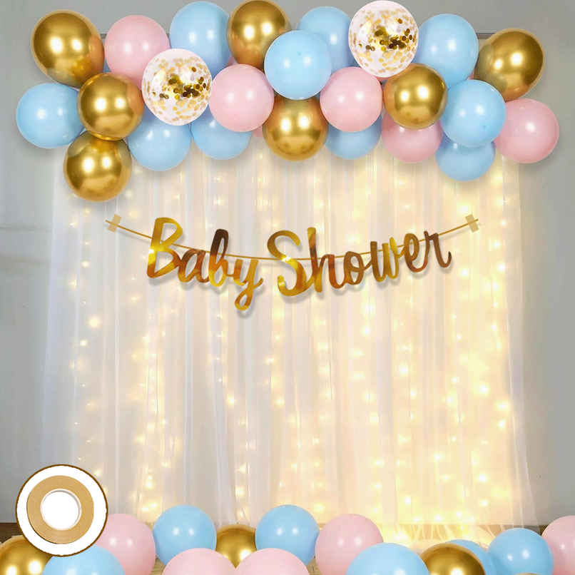 Baby Shower Decoration Items | White Net Curtain, Fairy Lights, Foil Banner, Balloons | Party Propz