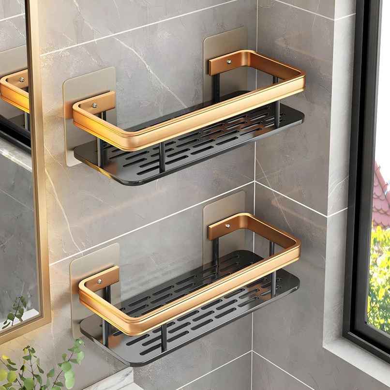 Perpetual Adhesive Bathroom Shelf | Wall Rack for Kitchen/Bathroom | 2 Pcs | Gold