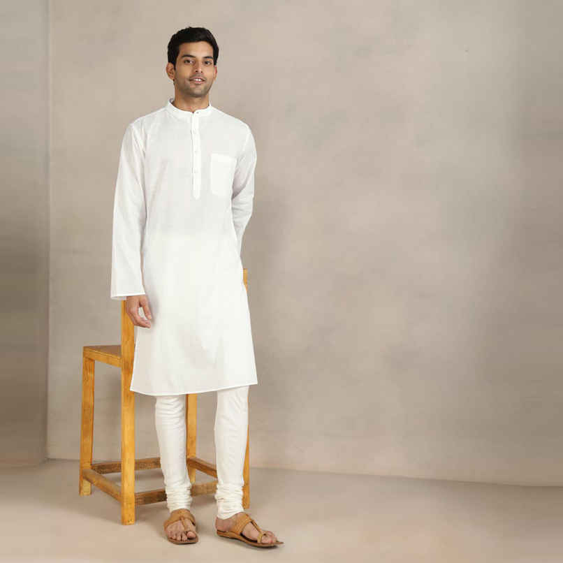 Fabindia Men's Cotton Slim Fit Long Kurta | White - S Fabindia Men's Cotton Slim Fit Long Kurta | White - S