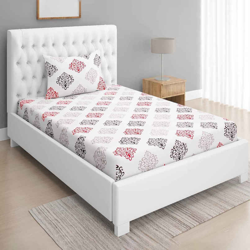 BAY6 Single 100% Cotton 144 TC Paisley Print Bedsheet | White & Pink | 90 x 60 in