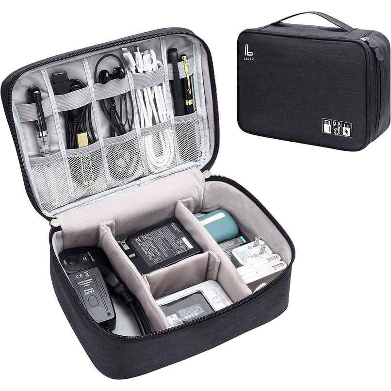 Lazer Polyester Electronics Accessories Organizer Bag | Universal Carry Travel Gadget Bag | Black
