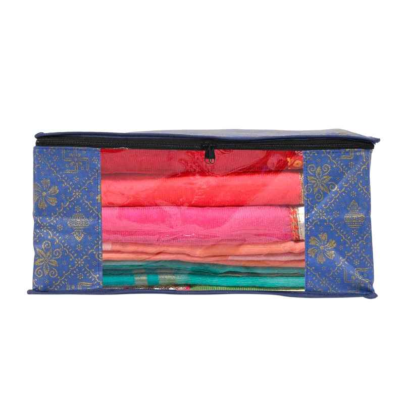 Saree Organizer - Foldable Cover with Zip | Transparent Window | Blue Saree Organizer - Foldable Cover with Zip | Transparent Window | Blue
