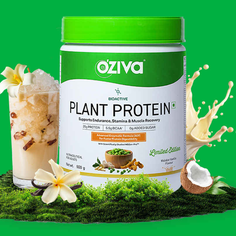 Oziva Bioactive Plant Protein Powder , 25g Protein | 5.5g Bcaa | Sugar Free - Malabar Vanilla Oziva Bioactive Plant Protein Powder , 25g Protein | 5.5g Bcaa | Sugar Free - Malabar Vanilla
