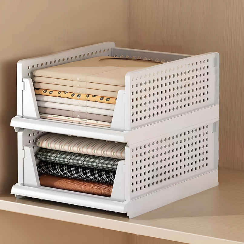 Senego Folding Wardrobe Clothes Organizer - Pack of 2, Stackable (White)