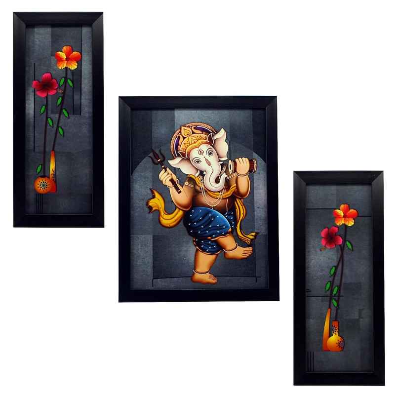 Indianara Set of 3 Lord ganesha Framed Art Painting without glass 6 X 13, 10.2 X 13, 6 X 13 Inch