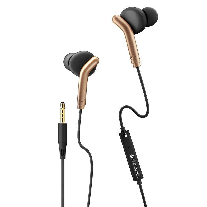 Zebronics Bro in Ear Wired Earphones with Mic, 3.5mm Audio Jack, 10mm Drivers, Phone/Tablet Compatible - Black & Gold