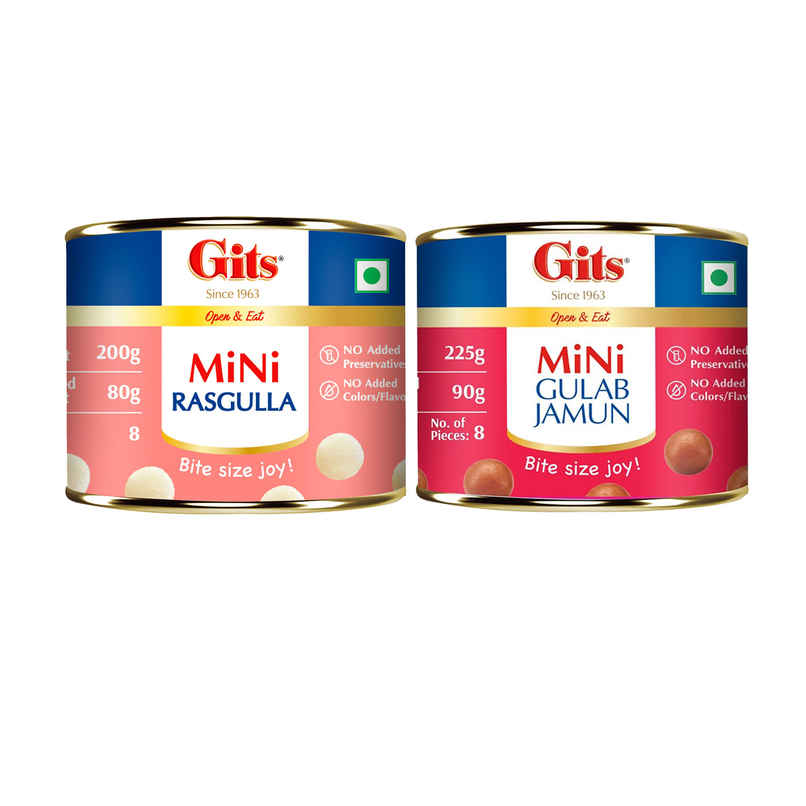 Mini Gulab Jamun Tin (225g) & Gits Mini Rasgulla Tin (200g) Combo Mini Gulab Jamun Tin (225g) & Gits Mini Rasgulla Tin (200g) Combo