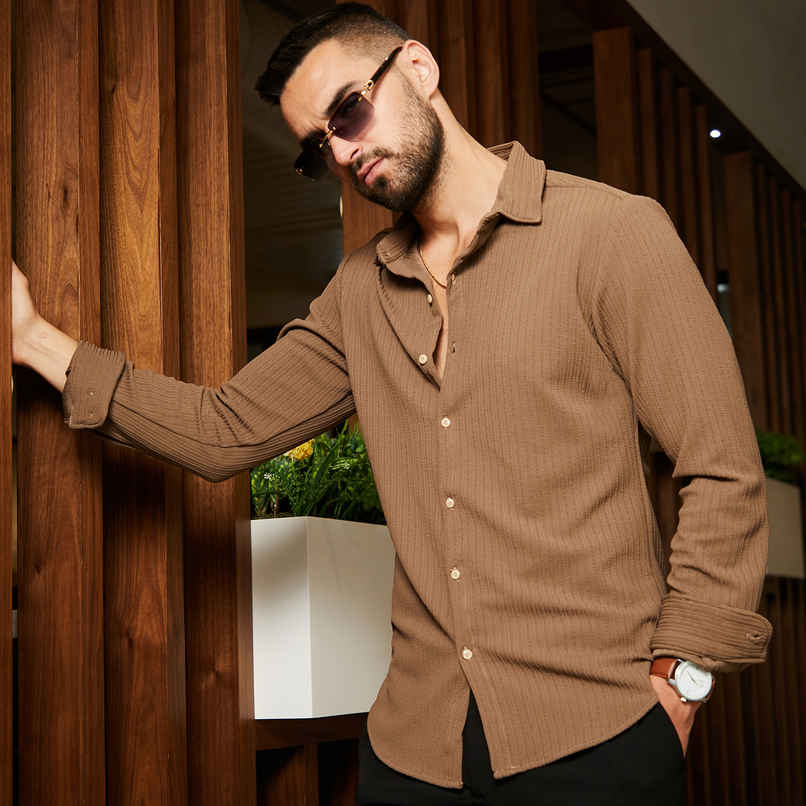 Campus Sutra Men's Polyester Stripe-Creased Shirt | Brown | XL