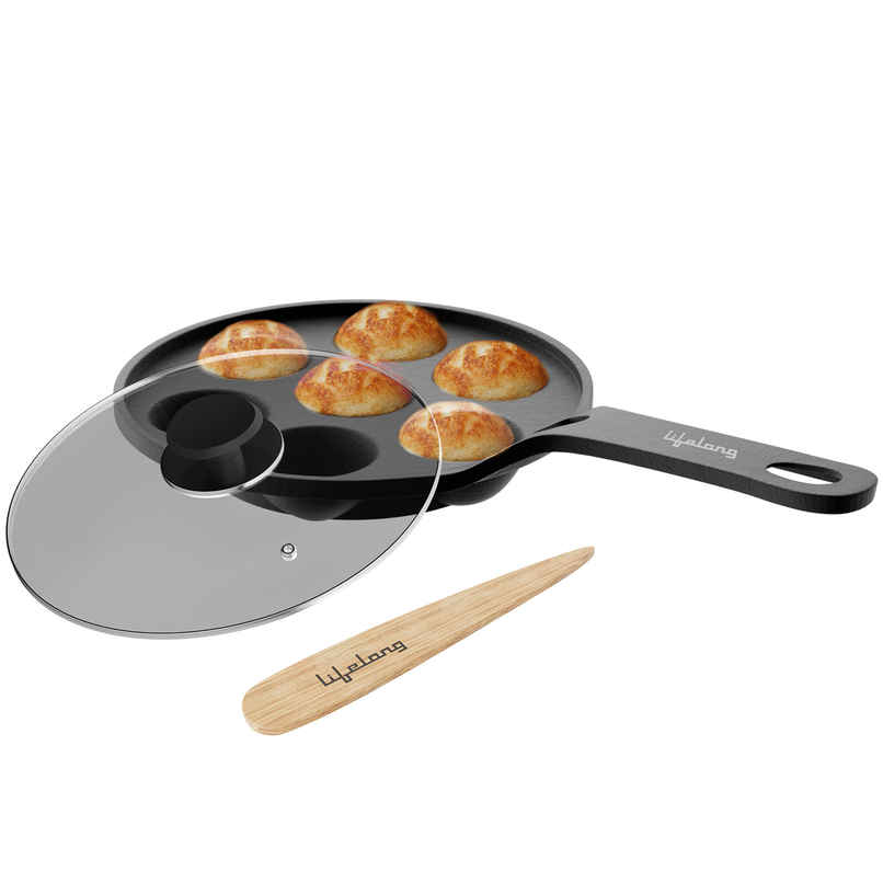 Lifelong Cast Iron Paniyaram Pan 7 Pits with Glass Lid Lifelong Cast Iron Paniyaram Pan 7 Pits with Glass Lid