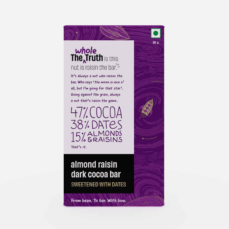 The Whole Truth Dark Cocoa Bar - Almond Raisin | 80 g | Sweetened with dates The Whole Truth Dark Cocoa Bar - Almond Raisin | 80 g | Sweetened with dates